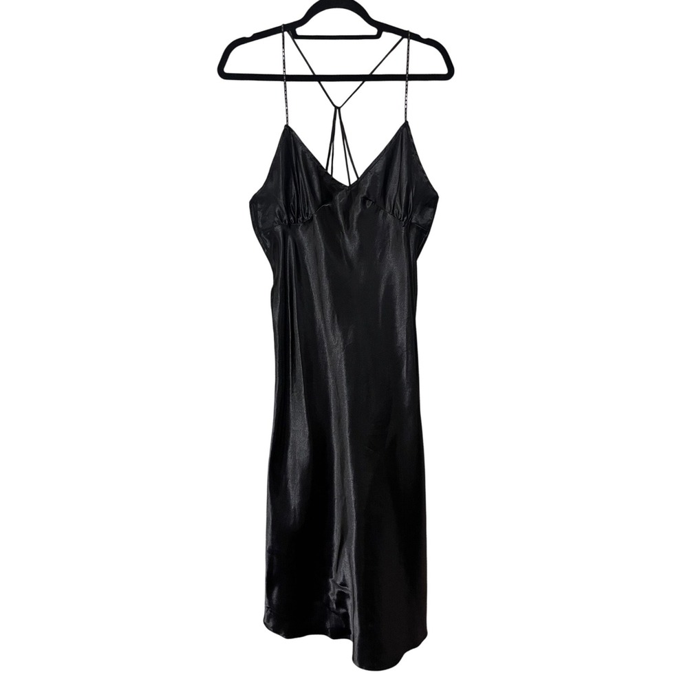 VTG Y2K Black Satin Midi‎ Slip Dress Beaded Straps Evening Glamour Med Large